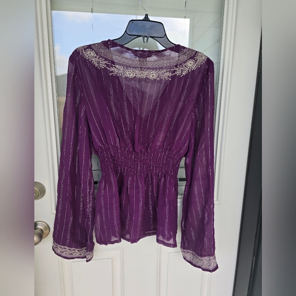 WD.NY 100% Silk Blouse Size 14 Purple Whilte Embroidered Flare Long Sleeves Y2k - Picture 12 of 14
